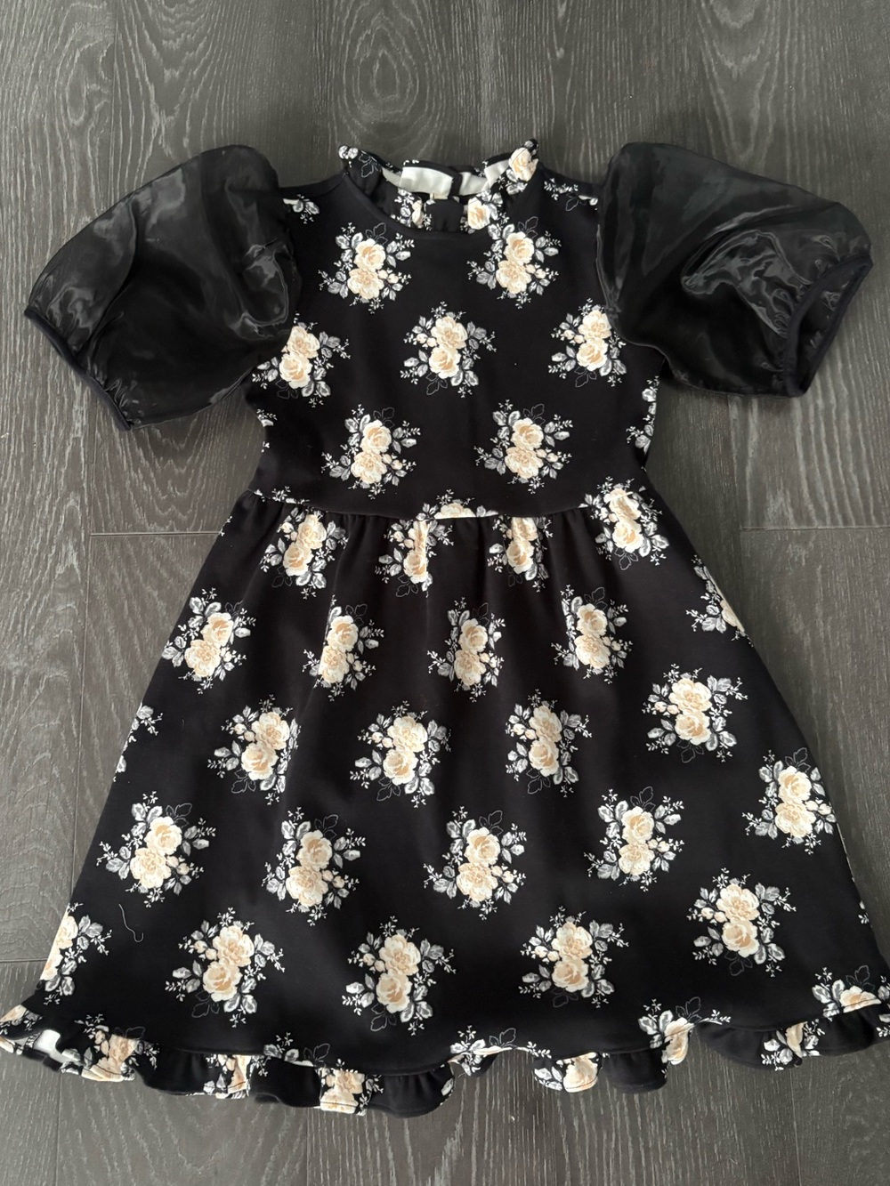 Janie & Jack Girls Black Floral Puff-Sleeve Dress, Size 8, NWT